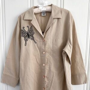 Vintage Liz Baker Tan Embroidered Button Down - Size XL